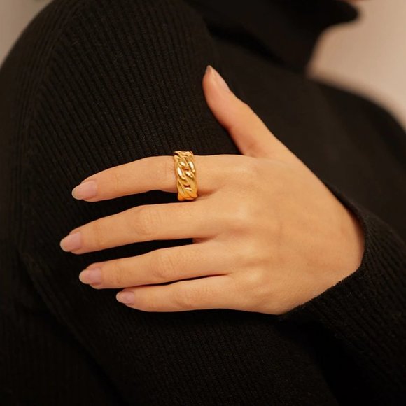 NEW 18K Gold Plated Textured Chain Link Ring - Picture 4 of 7